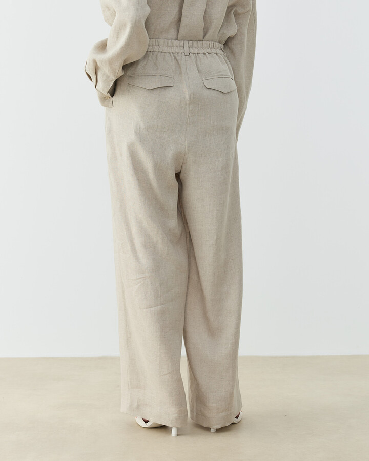 Keten Çift Pileli Barrel Fit Pantolon Natural