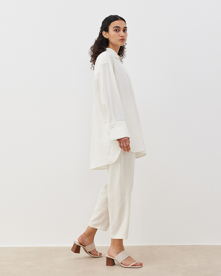 Keten Loose Fit Kesikli Pantolon Natural