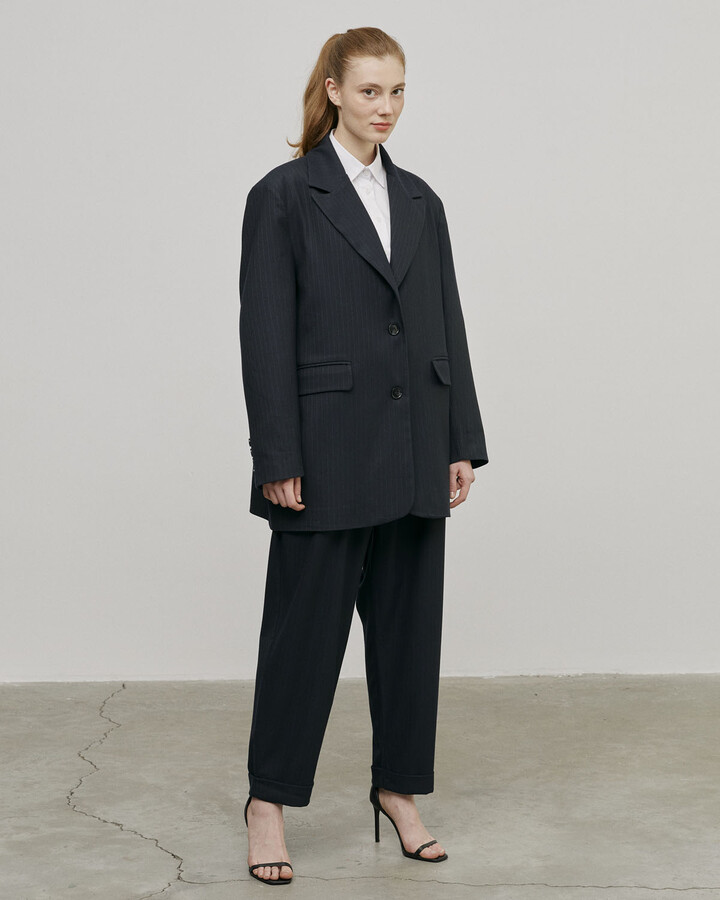 Lacivert Çizgili Oversize Dad Blazer Ceket