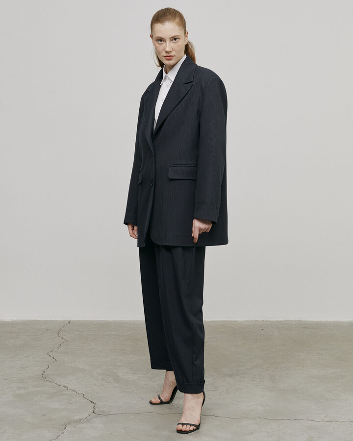 Lacivert Çizgili Oversize Dad Blazer Ceket