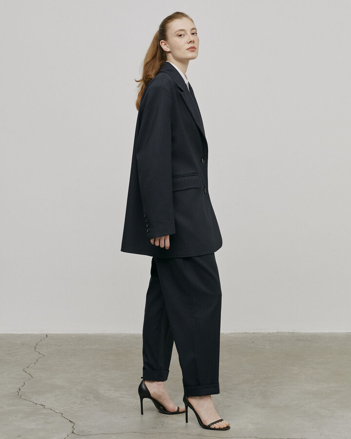 Lacivert Çizgili Oversize Dad Blazer Ceket