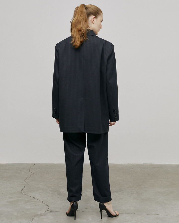 Lacivert Çizgili Oversize Dad Blazer Ceket