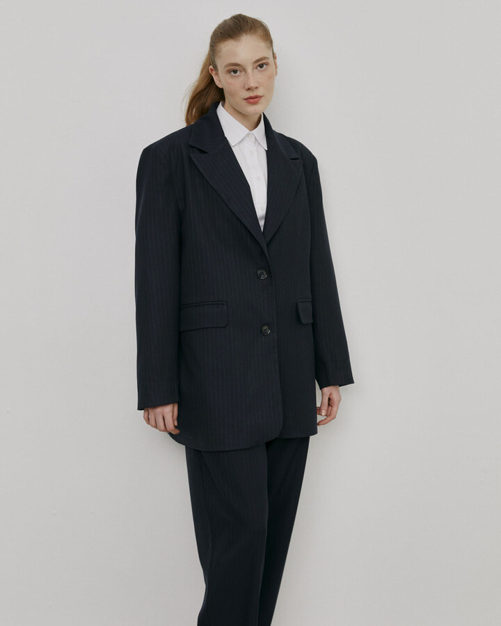 Lacivert Çizgili Oversize Dad Blazer Ceket