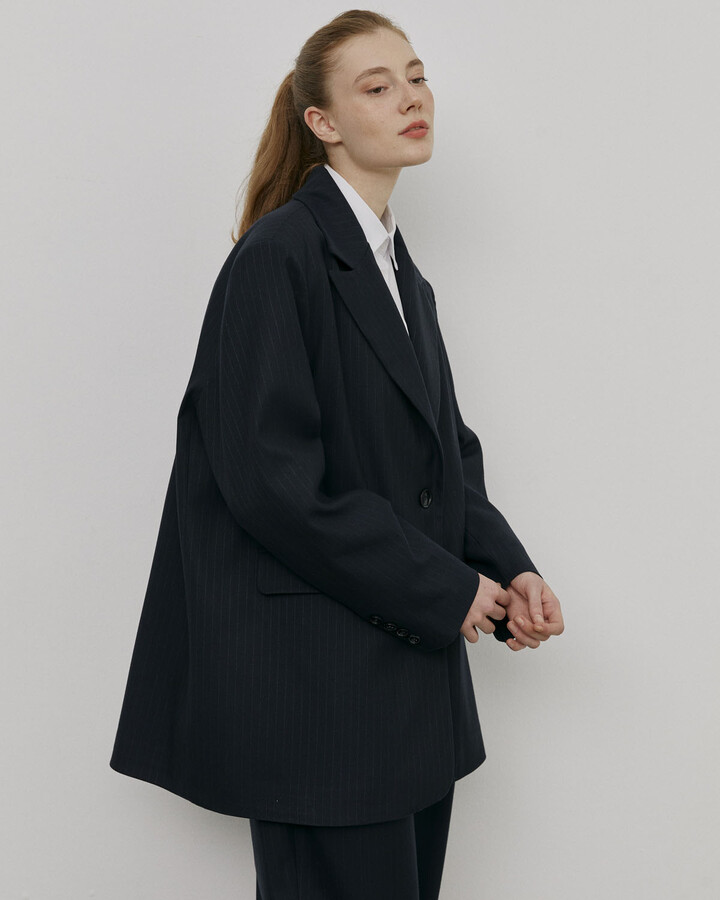 Lacivert Çizgili Oversize Dad Blazer Ceket