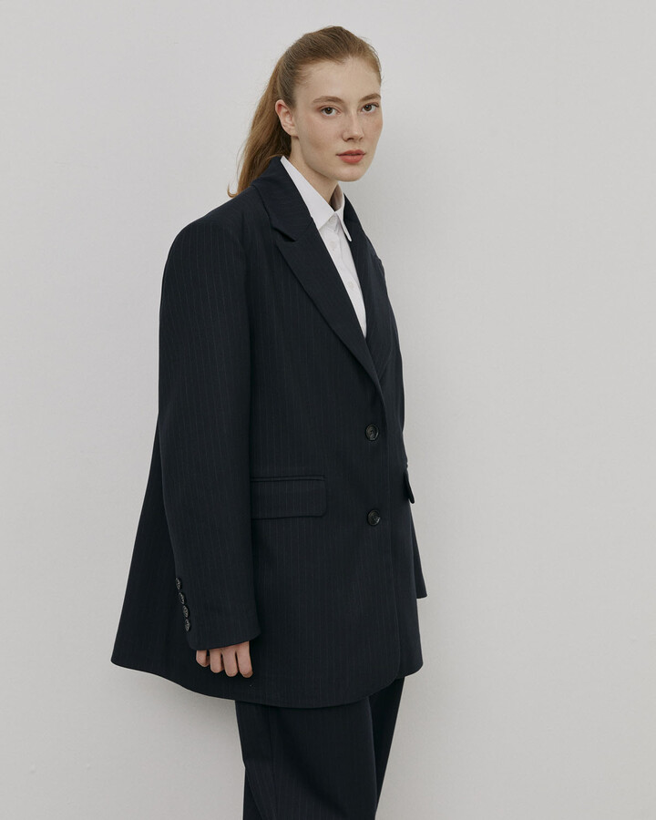 Lacivert Çizgili Oversize Dad Blazer Ceket