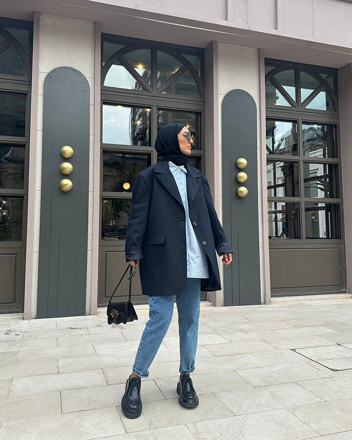 Lacivert Çizgili Oversize Dad Blazer Ceket