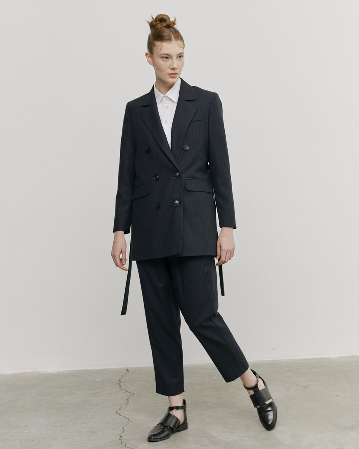Lacivert İnce Çizgili Kruvaze Basic Blazer Ceket