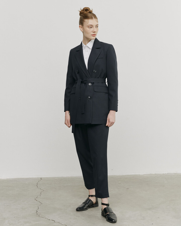 Lacivert İnce Çizgili Kruvaze Basic Blazer Ceket