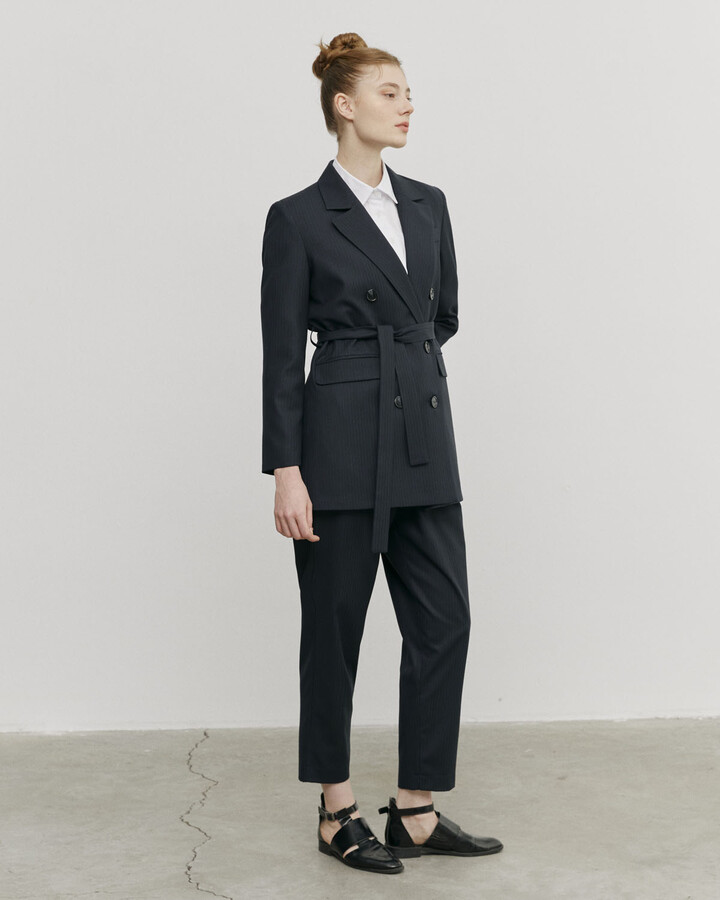 Lacivert İnce Çizgili Kruvaze Basic Blazer Ceket