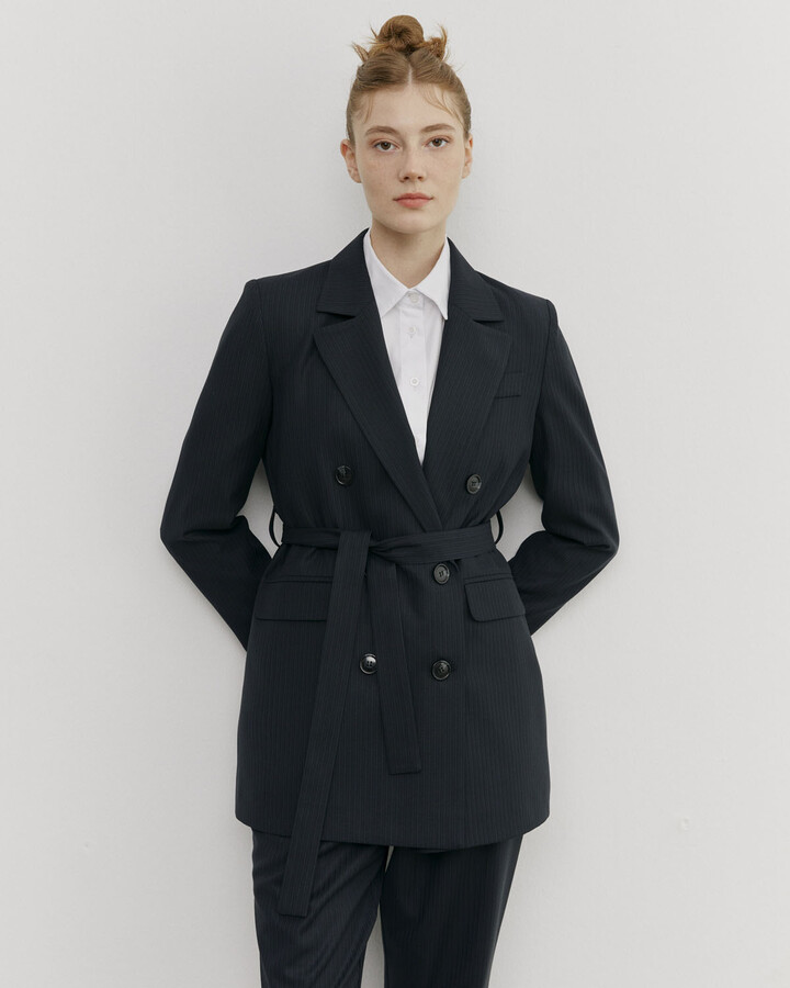 Lacivert İnce Çizgili Kruvaze Basic Blazer Ceket