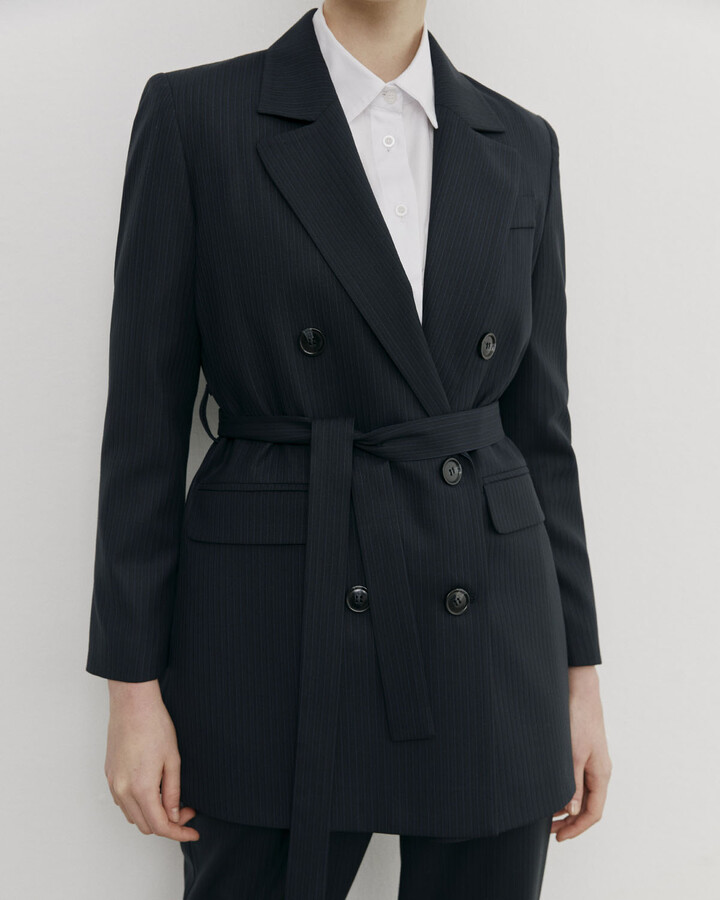 Lacivert İnce Çizgili Kruvaze Basic Blazer Ceket