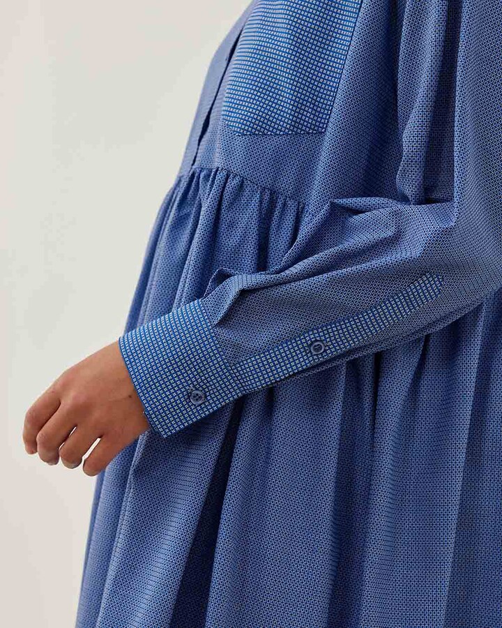 Mix Oversize Büzgülü Gömlek Elbise Mavi Desenli