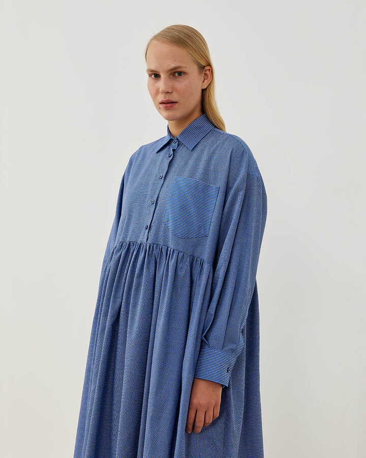 Mix Oversize Büzgülü Gömlek Elbise Mavi Desenli