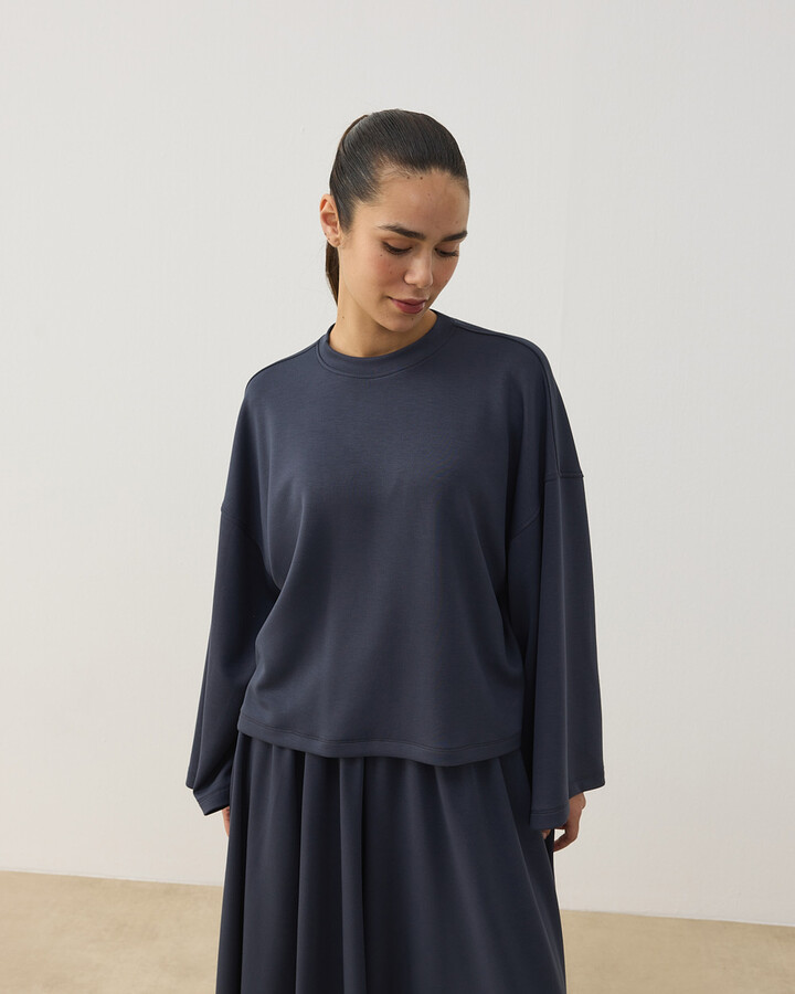 Modal Soft Touch Crop Kimono Kısa Bluz Füme