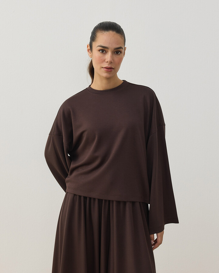 Modal Soft Touch Crop Kimono Kısa Bluz Kahve