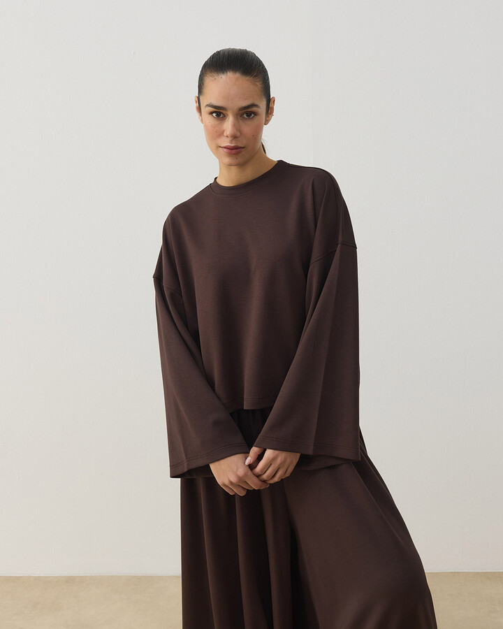 Modal Soft Touch Crop Kimono Kısa Bluz Kahve