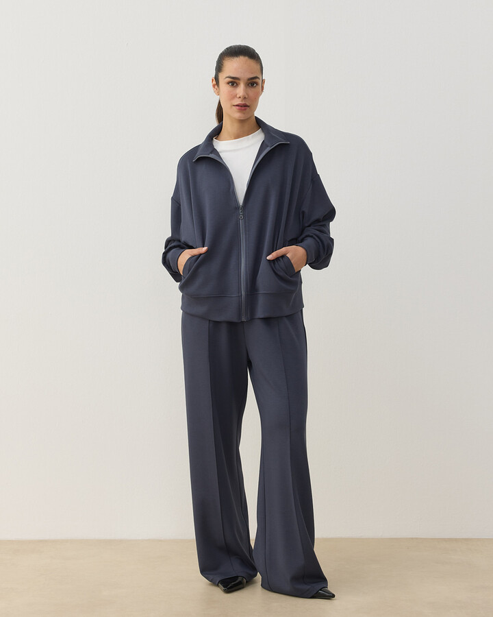 Modal Soft Touch Fermuarlı Sweat Hırka Füme