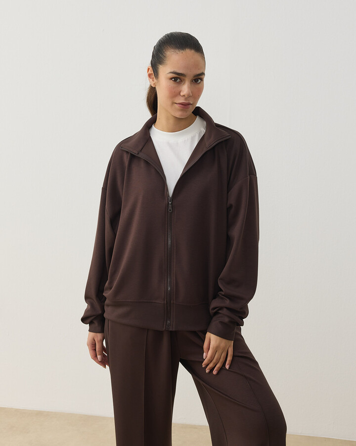 Modal Soft Touch Fermuarlı Sweat Hırka Kahve