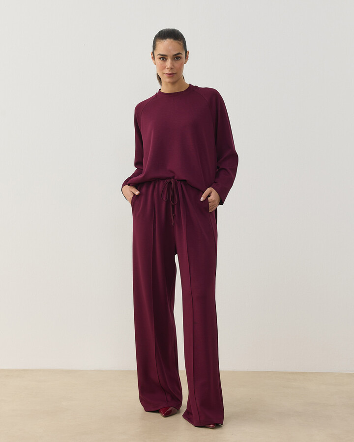 Modal Soft Touch Nervürlü Straight Pantolon Bordo
