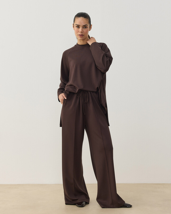 Modal Soft Touch Nervürlü Straight Pantolon Kahve