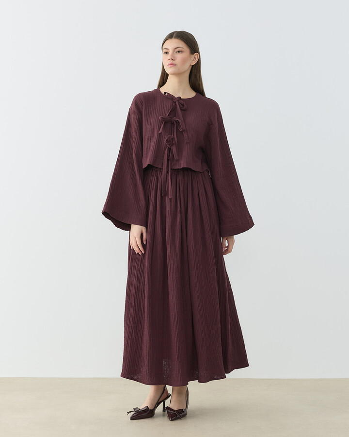 Müslin Fiyonklu Kimono Bluz Sumak