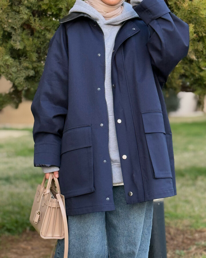 Oversize Salaş Cepli Parka Lacivert
