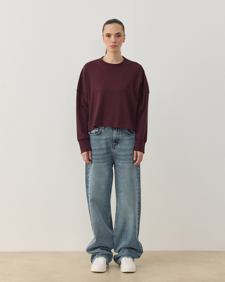Penye İnterlok Crop Kısa Bluz Bordo