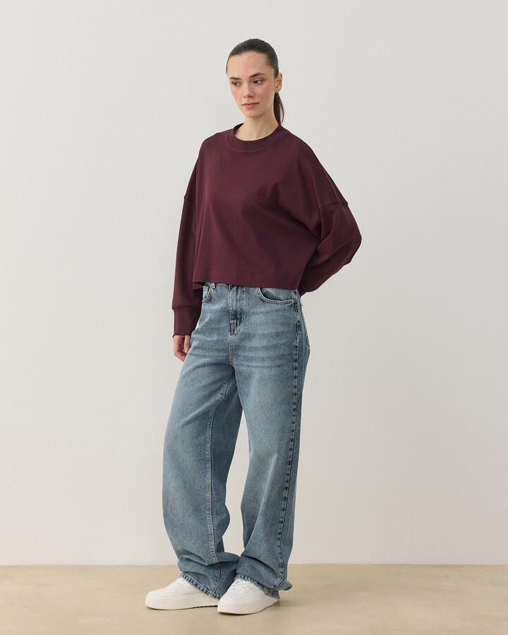Penye İnterlok Crop Kısa Bluz Bordo