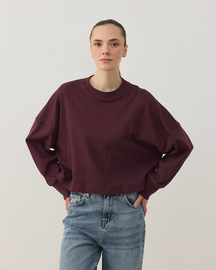 Penye İnterlok Crop Kısa Bluz Bordo