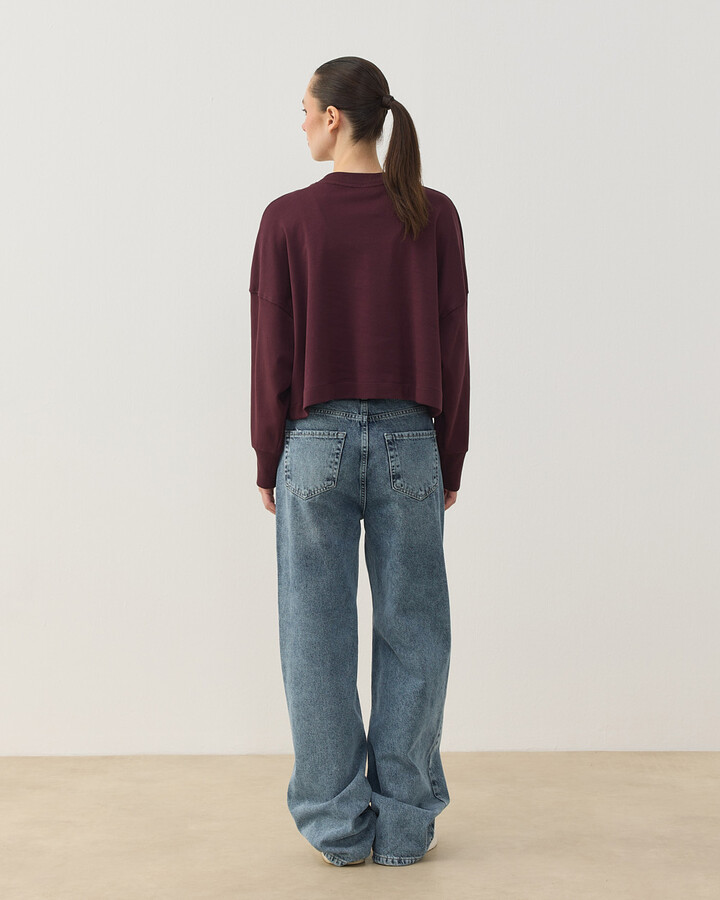 Penye İnterlok Crop Kısa Bluz Bordo