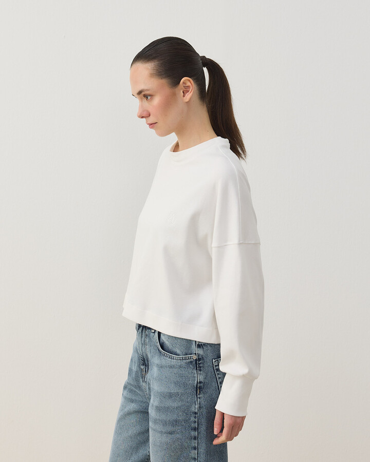 Penye İnterlok Crop Kısa Bluz Ekru