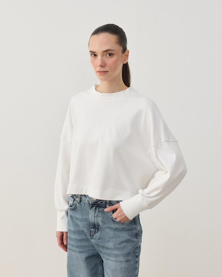 Penye İnterlok Crop Kısa Bluz Ekru
