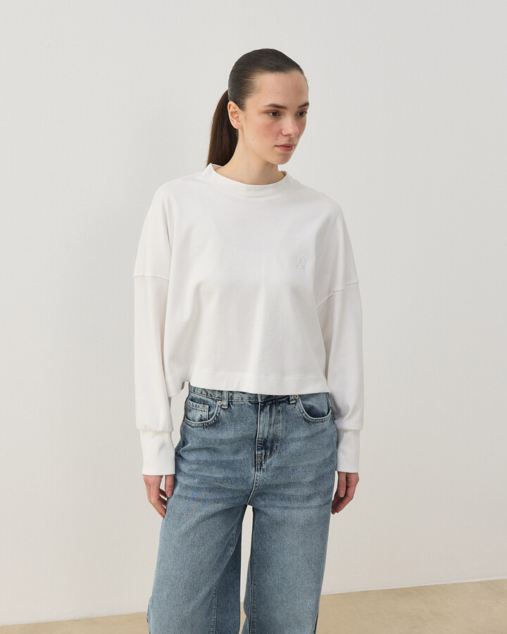 Penye İnterlok Crop Kısa Bluz Ekru