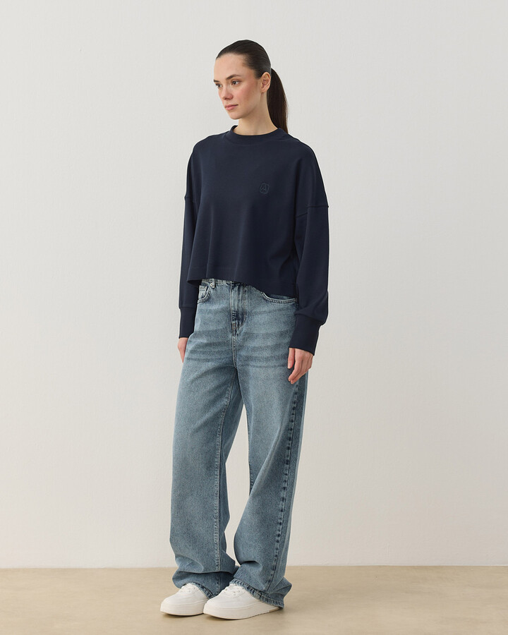 Penye İnterlok Crop Kısa Bluz Lacivert