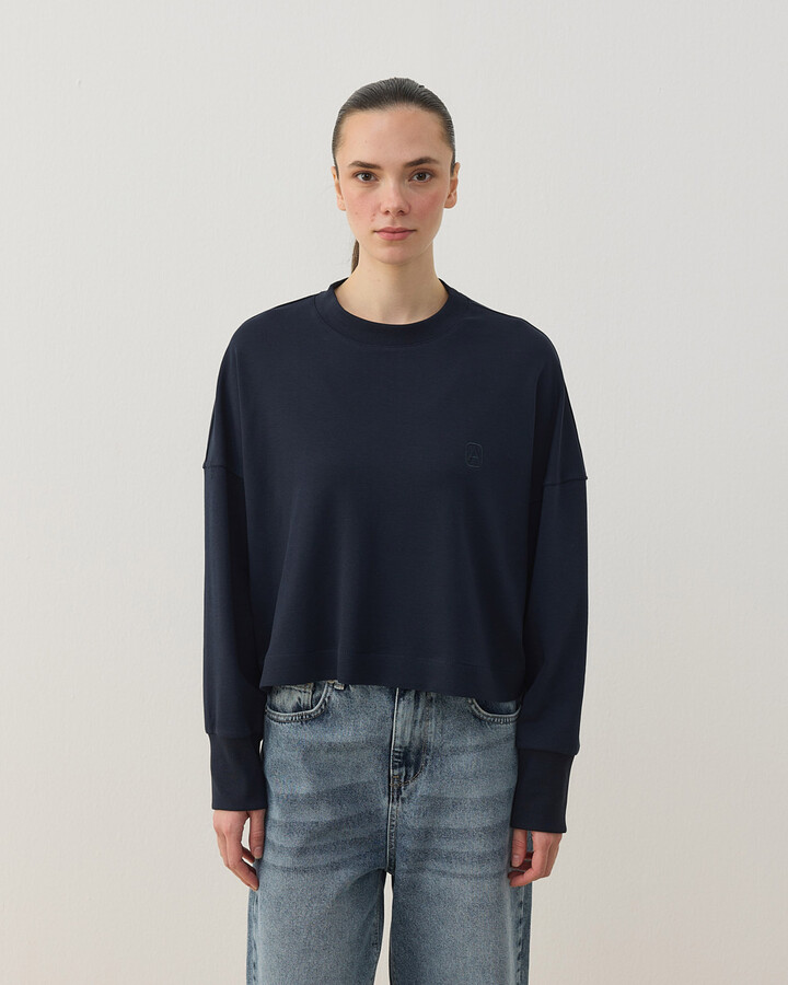 Penye İnterlok Crop Kısa Bluz Lacivert