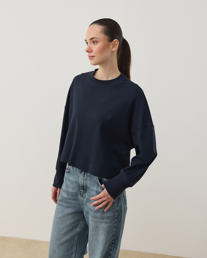 Penye İnterlok Crop Kısa Bluz Lacivert
