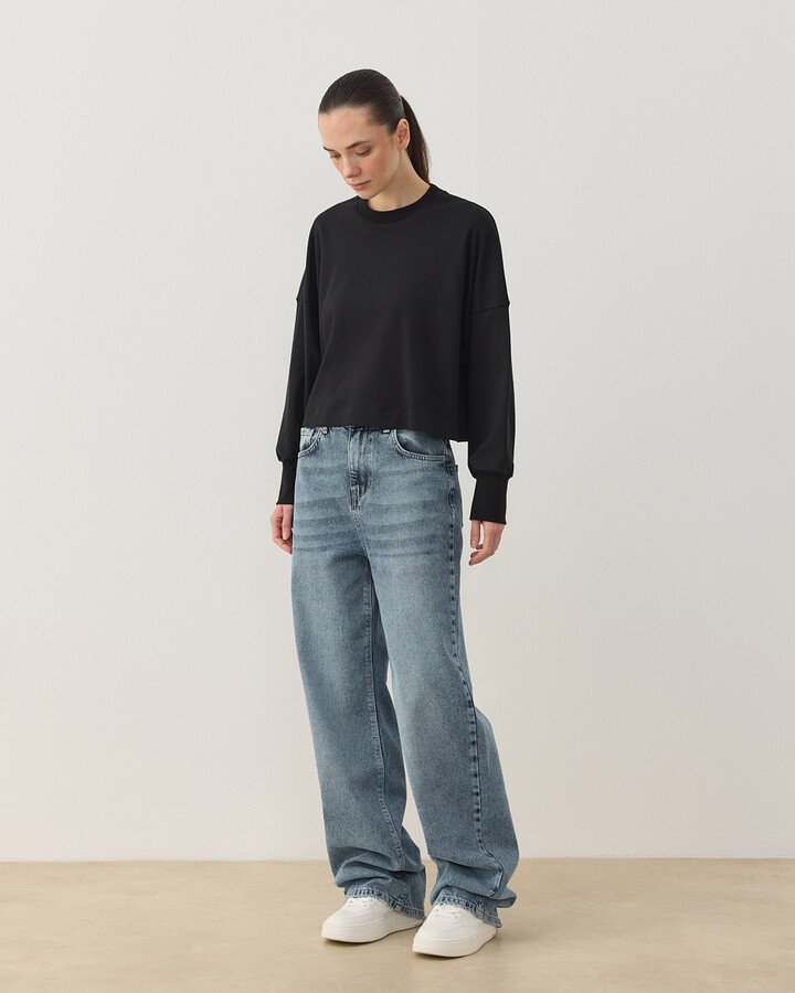 Penye İnterlok Crop Kısa Bluz Siyah
