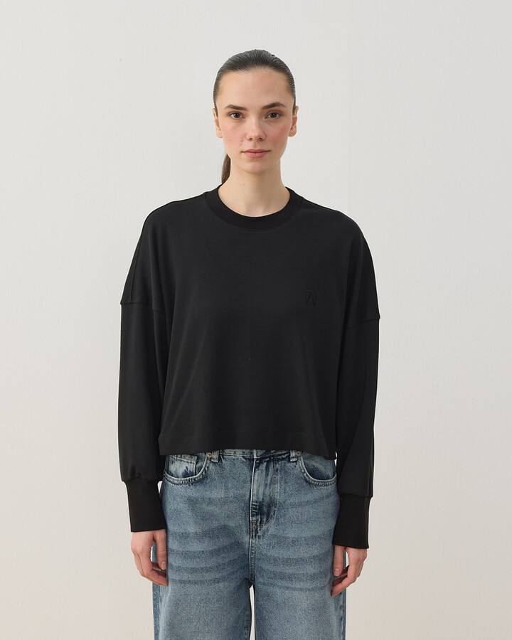 Penye İnterlok Crop Kısa Bluz Siyah