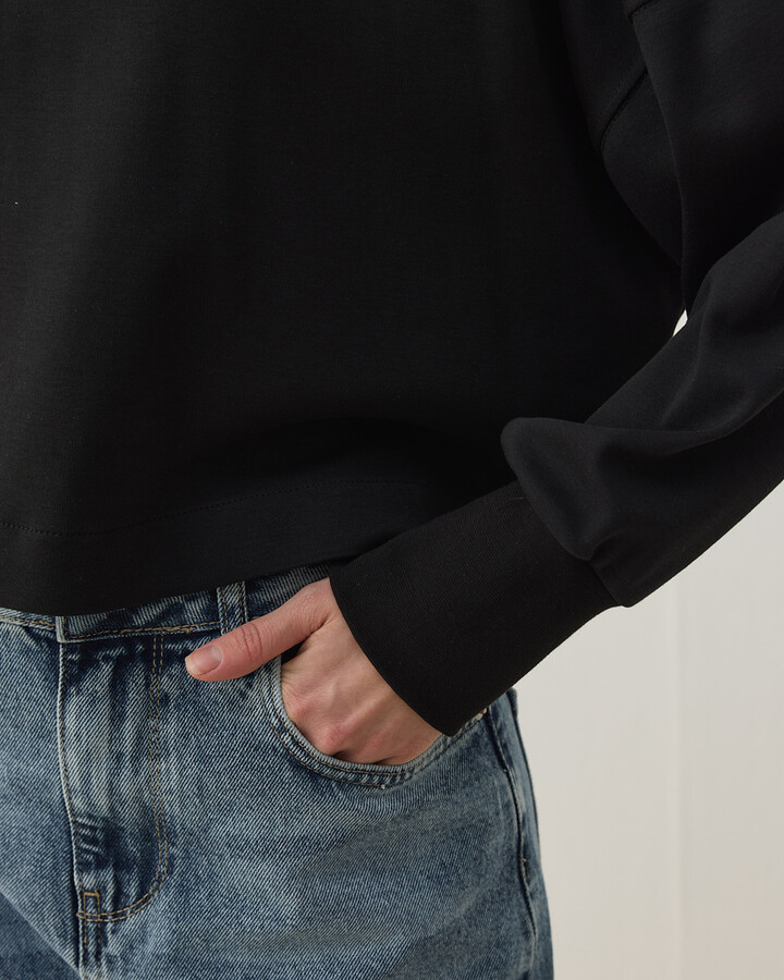 Penye İnterlok Crop Kısa Bluz Siyah