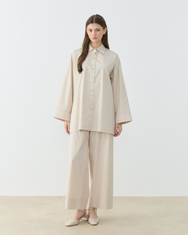 Poplin Culotte Pantolon Gömlek Takım Bej