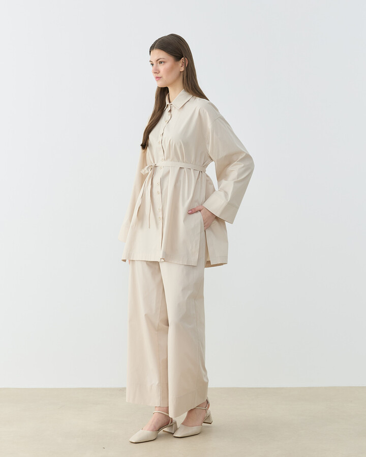 Poplin Culotte Pantolon Gömlek Takım Bej