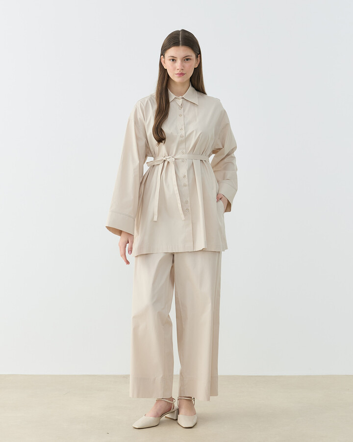 Poplin Culotte Pantolon Gömlek Takım Bej
