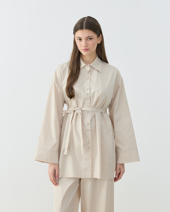 Poplin Culotte Pantolon Gömlek Takım Bej