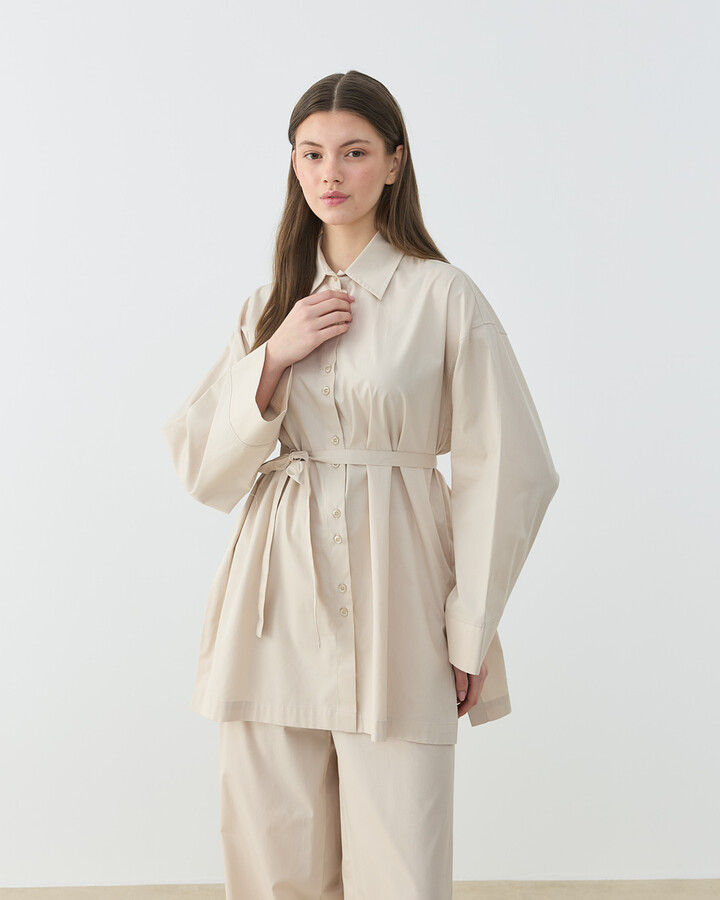 Poplin Culotte Pantolon Gömlek Takım Bej