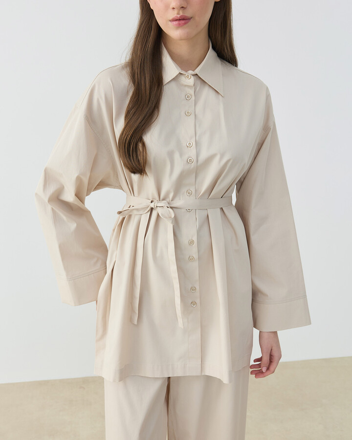 Poplin Culotte Pantolon Gömlek Takım Bej