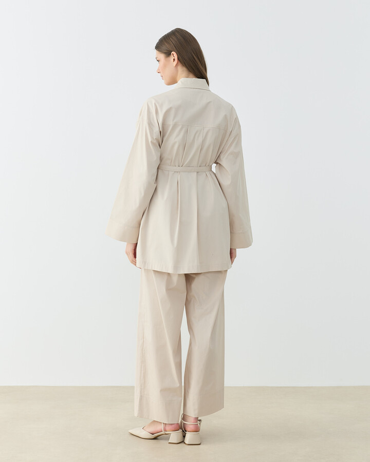 Poplin Culotte Pantolon Gömlek Takım Bej