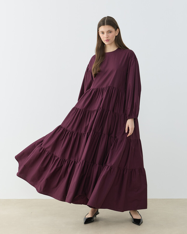 Poplin Dört Katlı Büzgülü Elbise Bordo