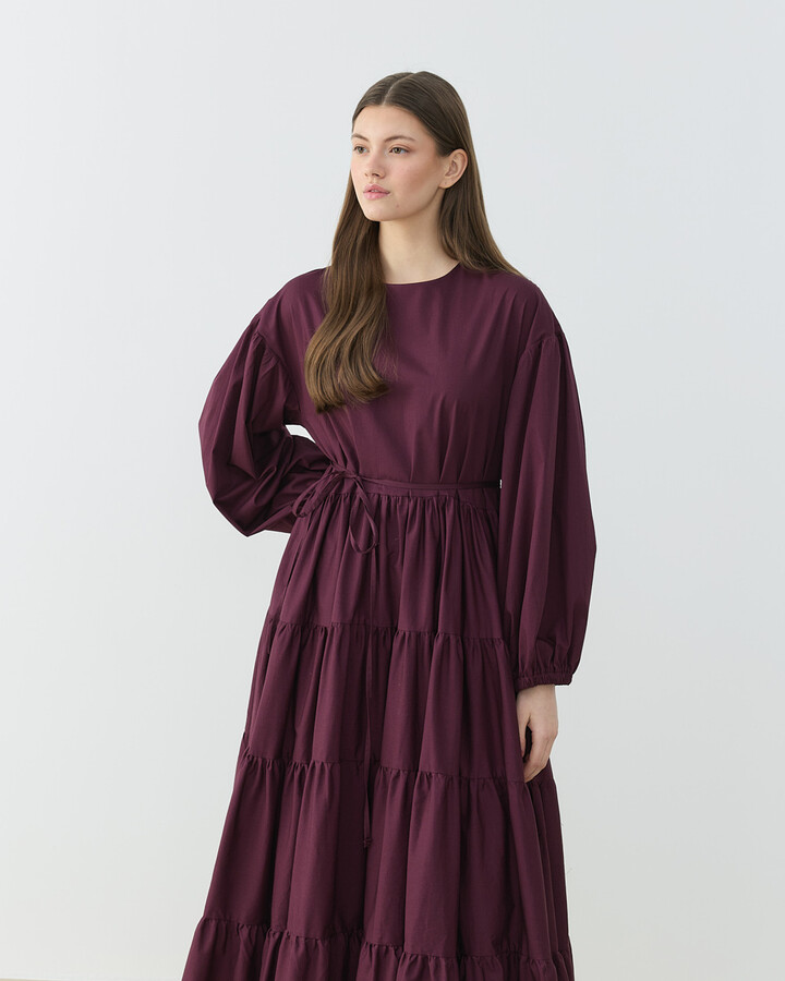 Poplin Dört Katlı Büzgülü Elbise Bordo