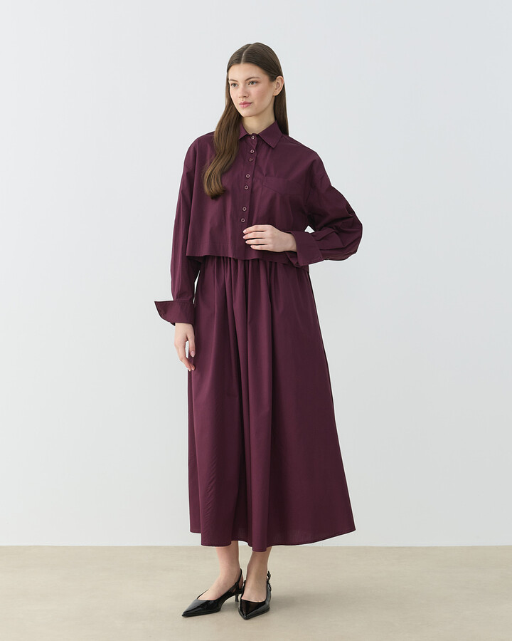 Poplin Kısa Crop Cepli Gömlek Bordo