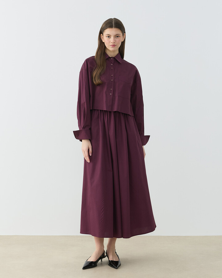 Poplin Kısa Crop Cepli Gömlek Bordo